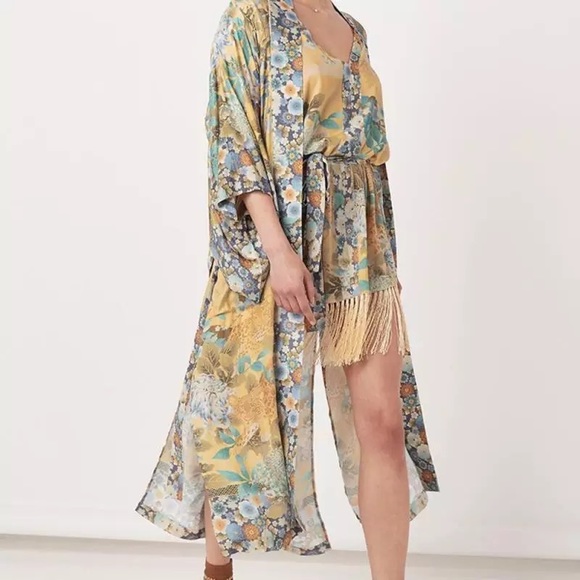 🌸 BOHO KIMONO ROBE COVER DUSTER KAFTAN LONG MAXI FLORAL BOHEMIAN PASTEL FLOWER - Picture 5 of 8